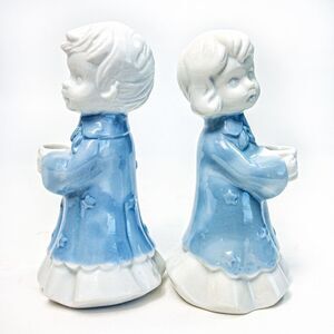 Pair Blue Angel Children Porcelain Candle Holders